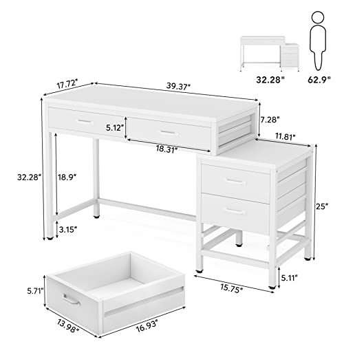 Little Tree Computer Desk with 5 Drawers, Home Office Desks with Reversible File Drawer Cabinet Printer Stand - color: White