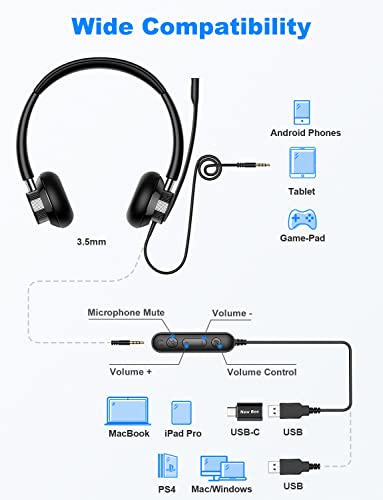 New Bee USB Headset with Microphone for PC Laptop Mute Control | Laptop, Skype, Zoom, Call Center, Meetings, Webinar, Home