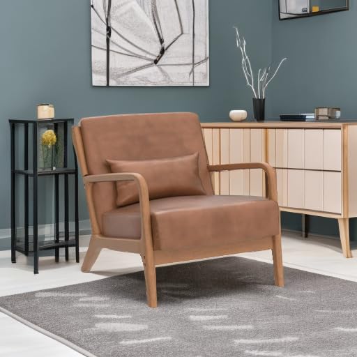 INZOY Mid Century Modern Accent Chair with Wood Frame, PU Leather Reading Armchair with Waist Cushion, Upholstered Living Room Chairs for Bedroom Sunroom (Camel) - color: A-camel