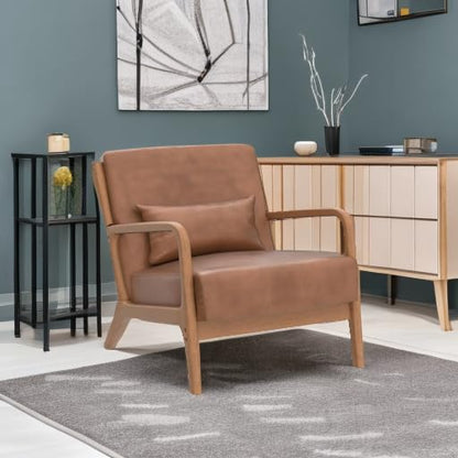 INZOY Mid Century Modern Accent Chair with Wood Frame, PU Leather Reading Armchair with Waist Cushion, Upholstered Living Room Chairs for Bedroom Sunroom (Camel) - color: A-camel