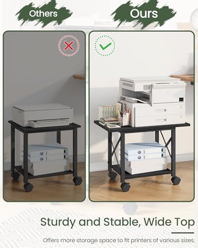 Printer Stand, 23.6" Under Desk Printer Table with Locking Wheels and Adjustable Feet, 2-Tier Heavy Duty Printer Cart with Shelf, Large Storage Rack for Home Office, Living Room, Black TPS01BB - color: Black