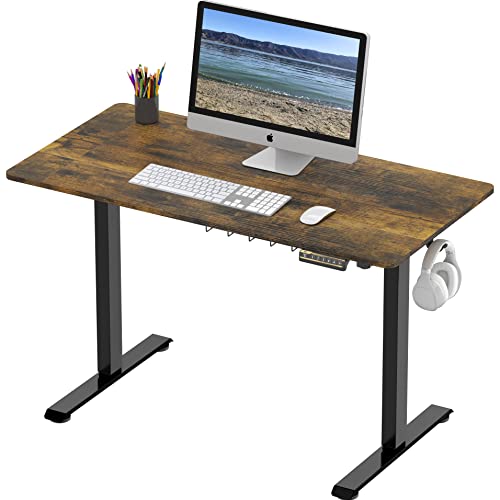 SHW 48-Inch Electric Height Adjustable Sit to Stand Desk, Rustic Brown | with Hanging Hooks and Cable Management, Black Frame and Rustic Brown Top - color: Rustic Brown, size: 48-Inch