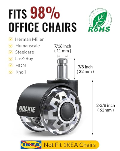 HOLKIE Office Chair Wheels 2 Inch Set of 5 Replacement - Universal Fit 11mm Dual Rubber Smooth Quiet Rolling Casters - for Hardwood Floors Carpet Computer Grey - color: Grey