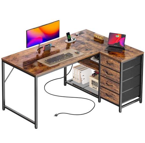 PRAISUN 43.3" Small L Shaped Desk with Power Outlets & 4 Drawers | Reversible Computer Desk with 2 Storage Shelves, Corner Office Desk for Gaming Writing Work Study, Rustic Brown - color: Rustic Brown, size: 43.3 Inch