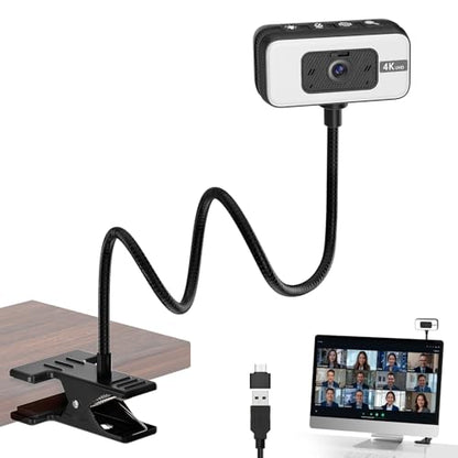 Webcam for PC, 4K Streaming Camera with Light, Web Camera for Desktop/Laptop Computer Webcam with Microphone, Plug and Play USB Web Cam with Bracket, for Video Calls and Meetings