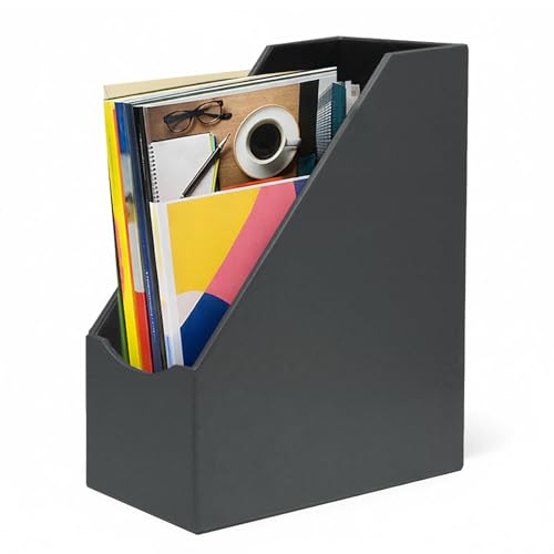 UnionBasic Magazine File Holder, Grey | Leatherette, Desktop Document Organizer, Home Office Paper Holder, File Storage Literature Sorter - color: Grey