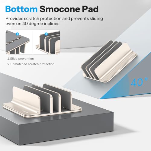 OMOTON 3-Slot Multiple Vertical Laptop Stand, Fits MacBook, Starlight | Adjustable Width 0-1.38", Aluminum Office Space-Saving for Desk, Fits MacBook/Book/iPad Up to 17.3in - color: Three Slots-Starlight