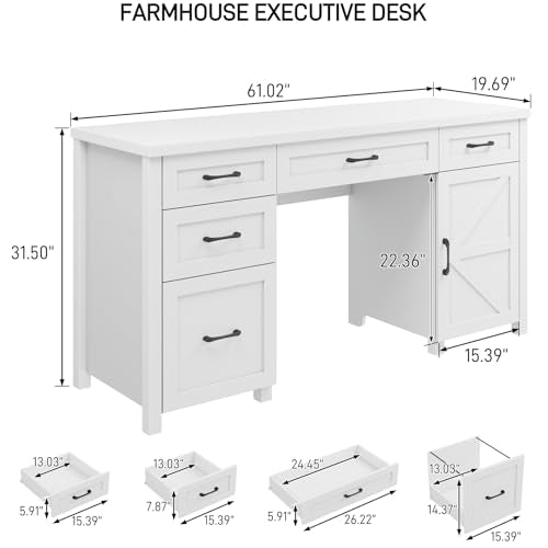 Halitaa Farmhouse 61'' Executive Desk with 5 Drawers,Cream White | Rustic Office Desk, File Drawers and Storage Cabinet, Wood Workstation for Study and Home Office - color: Cream White, size: 61''W with 5 Drawers