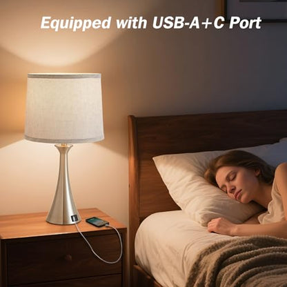Touch Table Lamps Set of 2, 21" Bedside Lamps with USB C+A, Silver | 3 Way Dimmable Nightstand Lamps with Linen Shades, 2 LED Bulbs Included, Touch Lamp for Living Room, Bedroom and End Tables - color: Silver 2pcs