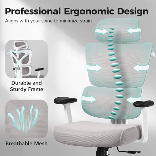 Ergonomic Office Chair High Back Desk Chair with Lumbar Support, Breathable Mesh Computer Chair with Adjustable Armrests Height, Reclining Swivel Big and Tall Gaming Chair for Home Office(Gray) - color: Grey
