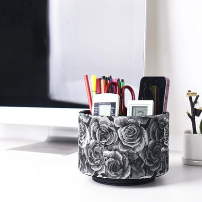 Round Leather Art Supply Organizer,Remote Control Holder,360 Degree Rotating,Multi-Functional Pencil Holder,4 Compartments Desktop Stationary Organizer(1-3D Black Grey) - color: 1-3D Black Grey