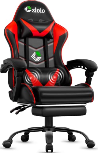 Czlolo Gaming Chair with Footrest Racing Style Lumbar Support Massager Video Game Chair with Metal Legs, High Back Reclining Gamer Chair with Headrest, 360° Swivel Office Computer Desk Chair (Red) - color: Red