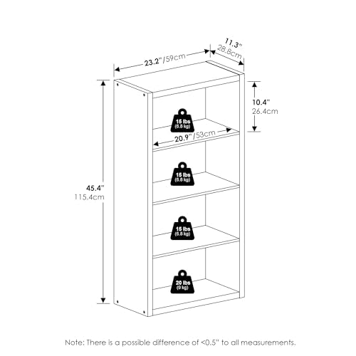 Furinno Viola Book Shelf, 4-Tier Bookshelf, Extra Thick Frame Bookcase with Open Shelf, Open Back Design, 11.3" x 23.2" x 45.4", for Living Room, Bedroom, Home Office, White - color: White, size: 4-Tier, Thick Frame