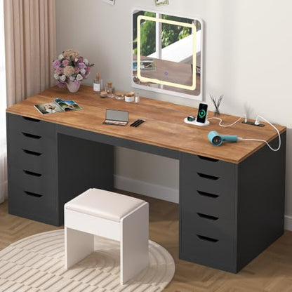 YOMILUVE 55 Inch Computer Desk with 10 Drawers and Outlets for Home Office - color: Brown and Black, size: 55inch-10drawers