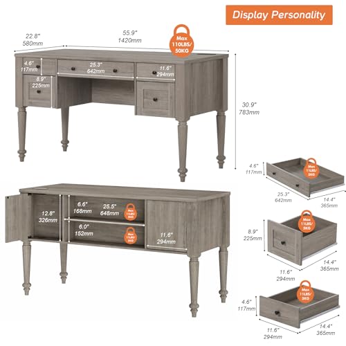 WAMPAT Farmhouse Executive Desk with Drawers, Vintage Writing Desk with Charging Station, Home Office Desk with Storage Cabinet & Open Shelf for Study, 56 Inch, Grey - color: Grey