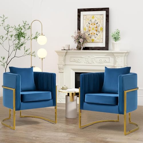 Velvet Accent Barrel Chairs Set of 2, Modern Arm Club Chair Set with Pillow for Living Room/Bedroom/Guest Reception, Channel Tufted, Gold Finish Base, Navy Blue - color: Navy Blue, size: 2 PCS