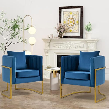 Velvet Accent Barrel Chairs Set of 2, Modern Arm Club Chair Set with Pillow for Living Room/Bedroom/Guest Reception, Channel Tufted, Gold Finish Base, Navy Blue - color: Navy Blue, size: 2 PCS