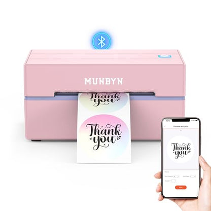 MUNBYN 130B Bluetooth Thermal Label Printer+2 Inch Round Thermal Labels+Pink Label Holder