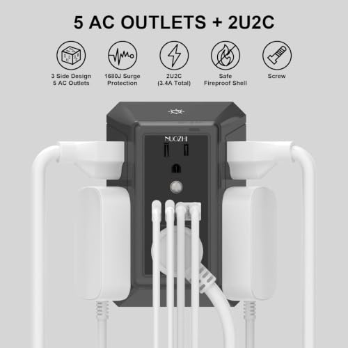 Outlet Extender Surge Protector - NUOZHI 6 Outlet Splitter with 4 USB Ports(2 USB-C) and Night Light, Multi Plug Wall Outlet 1680J Power Strip for Home Office Dorm Room Essentials, ETL, Black - color: Black(Night Light), size: 6 Outlets