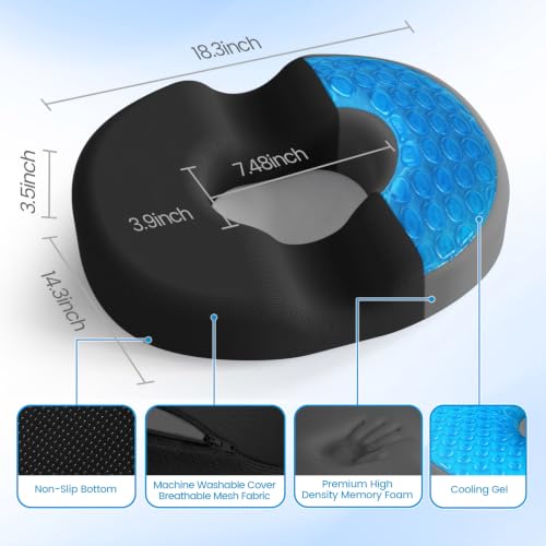 Donut Pillow Seat Cushion, Cooling Gel Memory Foam Chair Cushion, Black - color: Black, size: X-Large