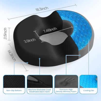 Donut Pillow Seat Cushion, Cooling Gel Memory Foam Chair Cushion, Black - color: Black, size: X-Large