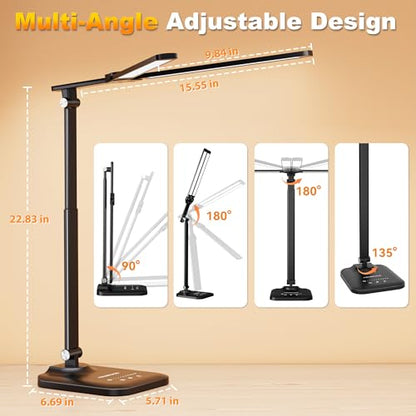 LED Desk Lamp for Office Home, Height Adjustable Architect Desk Light with USB Adapter, Stepless Dimming Desk Lamp Light for Reading, Study, Workbench - color: Black