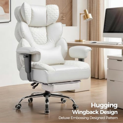 COMHOMA Big and Tall Office Chair with Upgrade Footrest, Heavy Duty Gaming Chair High Back Executive Chair with Spring Lumbar Support for Lower Back Pain Relief, 150°Reclining Adjustable Armrests - color: White