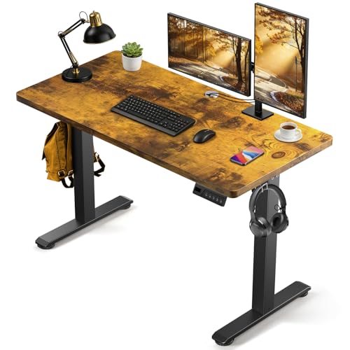 Standing Desk, 55 x 24 Inches Electric Height Adjustable Desk, Sit Stand up Desk, Memory Computer Home Office Gaming Desk with 3 Preset Heights, Table Cable Management Box, Brown - color: Brown, size: 55 x 24 inch