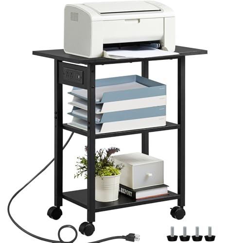 Lerliuo 3-Tier Printer Stand with Charging Station, Rolling Printer Table - color: Black, size: 3-Tier with Charger