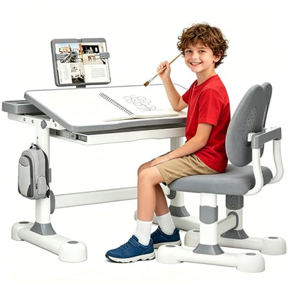 Kids Adjustable Desk and Chair Set 3-12, Children School Study Desk-11GREY | Height Adjustable | 50° Tilt Desktop | Book Stand & Metal Hook & Storage Drawer | Writing Drawing Table for Boys and Girls - color: 110-grey-27.5in