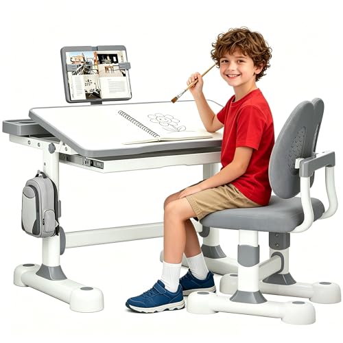 Kids Adjustable Desk and Chair Set 3-12, Children School Study Desk-11GREY | Height Adjustable | 50° Tilt Desktop | Book Stand & Metal Hook & Storage Drawer | Writing Drawing Table for Boys and Girls - color: 110-grey-27.5in