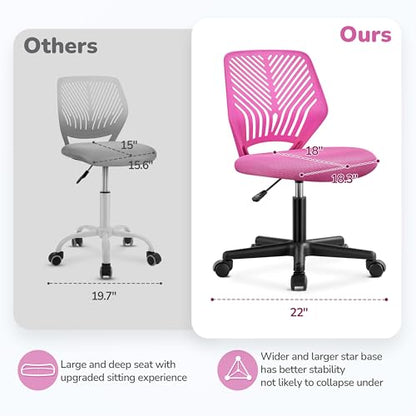 Yaheetech Small Desk Chair, Armless Adjustable Swivel Seat, Rose Red | Padded mesh seat and ventilated resin back, compact armless frame rolls and adjusts for study and small desks, holds 300 lb. - color: Rose Red