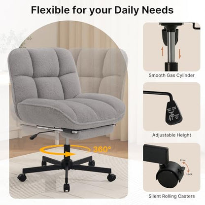 Cross Legged Chair with Foot Rest, Thick Cushioned Criss Cross Chair with Wheels, Armless Wide Seat Reclining Desk Chair, Height Adjustable Cross Legged Office Chair for Home Office, Grey - color: Grey