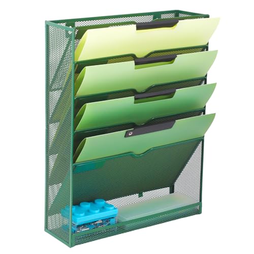 EASEPRES 6 Tier Desk File Organizer, Mesh Hanging Wall Mount Document Organization Stand, Desktop Vertical Mail Paper Folder Holder Rack with Bottom Tray for Office Cubicle, Sides Closed, Dark Green - color: Dark Green, size: 6 Tier Upgrade