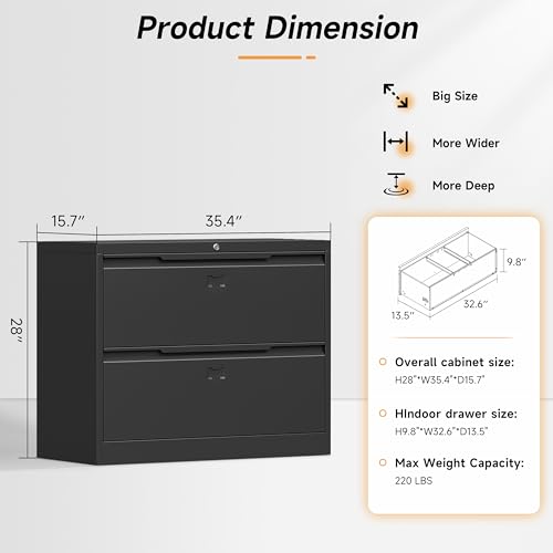Bestoo 2 Drawer File Cabinet, Metal Lateral Filing Cabinet with Lock - color: Black, size: 2 Drawer 15.7" D x 35.4" W x 28" H