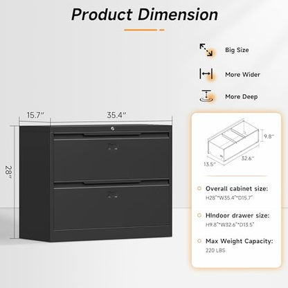 Bestoo 2 Drawer File Cabinet, Metal Lateral Filing Cabinet with Lock - color: Black, size: 2 Drawer 15.7" D x 35.4" W x 28" H
