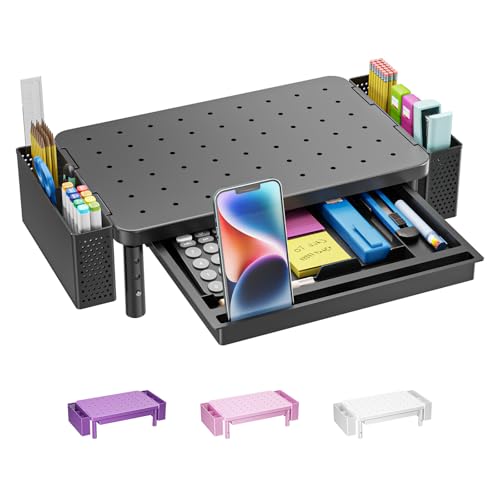 WALI Computer Monitor Stand with Storage and Pen Holder | 3 Height Adjustable Desk Organizer with Drawer, Laptop Monitor Riser for Computer, Laptop, Printer(PTT003-B), 1 Pack, Black - color: Black, size: 14.6"L * 9.3"W,11" 1 Drawer, 2 Pen Holder