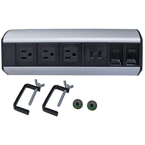Power and Data Center with 2.1 Amp Dual USB Charger - Edge Mount Tabletop Center - style: 3 Power + 2 CAT6 + 2 USB Charger