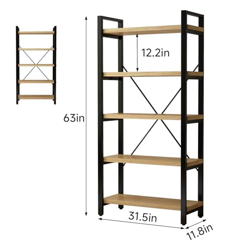 WH-AOERPUMY Real Solid Wood Bookshelf Shelves Rustic Vintage Industrial Etagere Bookshelf, Metal & Timber Free Vintage Bookcase, (Genuine Timber) (5-Tiers-Natural Finish) - size: 5-Tiers-Natural finish