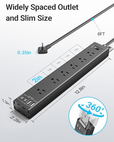 360° Mountable Surge Protector Power Strip with 4 USB Ports (2 USB C), 6 FT Electrical Outlet & Flat Plug Extension Cord for Under Desk, Wall, or Corner Mount - style: Desk Socket - Black