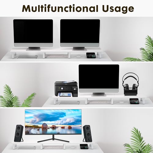 La Jaco 47 Inch Extra-Long Dual Monitor Stand Riser for 2 Monitors, Desk Shelf TV Riser Blocks, Wood and Steel Desktop Riser for Computer, Laptop, Printer, Home Office Organization, White