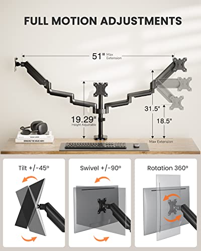 ErGear Triple Monitor Mount for 13-27 inch Screens, Triple Monitor Arms with USB, Heavy Duty Three Monitors Stand with Tilt, Swivel, Rotation, Holds Up to 17.6 lbs Each Arm - size: 13-27 Inch, style: with USB