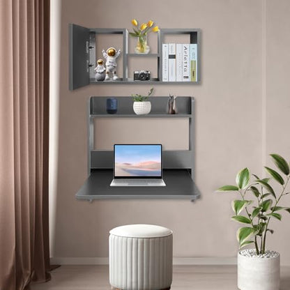 Floating Desk, 24" Wall Mounted Folding Desk with Bookshelf Folding Wall Desks Space Saving Workstation with Storage Shelves for Home Office Bedroom Study Room Small Space - color: Grey