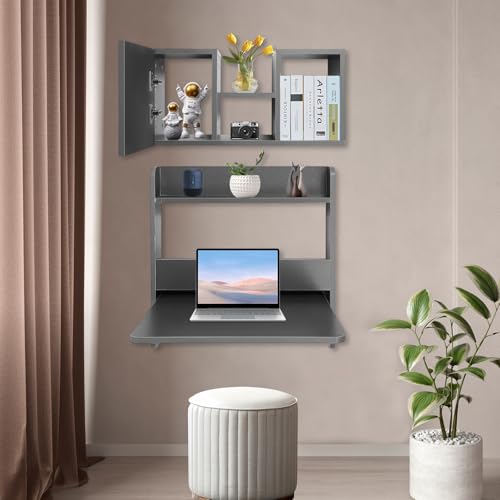 Floating Desk, 24" Wall Mounted Folding Desk with Bookshelf Folding Wall Desks Space Saving Workstation with Storage Shelves for Home Office Bedroom Study Room Small Space - color: Grey