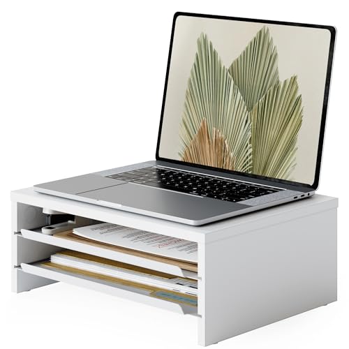 Fenge 14.3-Inch Monitor Stand with Slide-Out Trays, Wood & Metal Desk Shelf - color: White