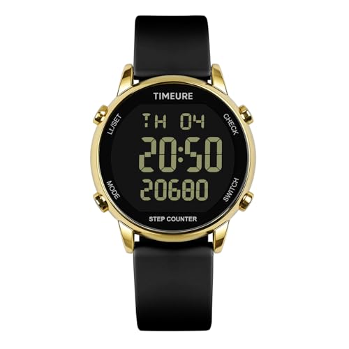 TIMEURE Pedometer Watch for Women Step Counter for Walking No App TU-2509 | No app or charging required; tracks steps, calories and distance with a large display, 30M water resistance and silicone band - color: gold black