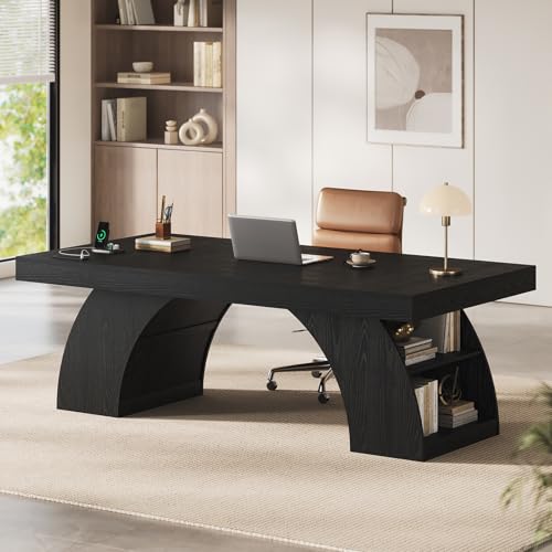UPOSOJA 70.9 Inch Executive Desk, Large Office Desk with Power Outlet & Storage Shelves, Modern Aesthetic Computer Desks Wood Workstation Business Furniture Writing Table for Home Office (Black) - color: Black