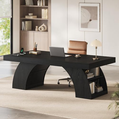 UPOSOJA 70.9 Inch Executive Desk, Large Office Desk with Power Outlet & Storage Shelves, Modern Aesthetic Computer Desks Wood Workstation Business Furniture Writing Table for Home Office (Black) - color: Black