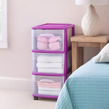 HOMZ Drawer Tower, 3-Tier Storage Cart with Removable Wheels, Purple Frame - color: Purple, size: 1 Pack