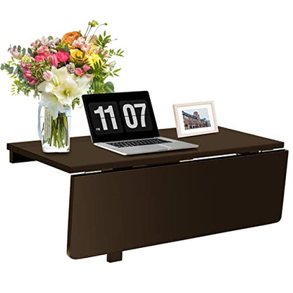 COSTWAY Wall Mounted Folding Table, 31.5" x 23.5" Drop-Leaf Floating Writing Desk for Small Spaces, Space-Saving Fold Down Laptop Workstation for Kitchen, Bedroom, Laundry Room, Study Room (Brown) - color: Brown